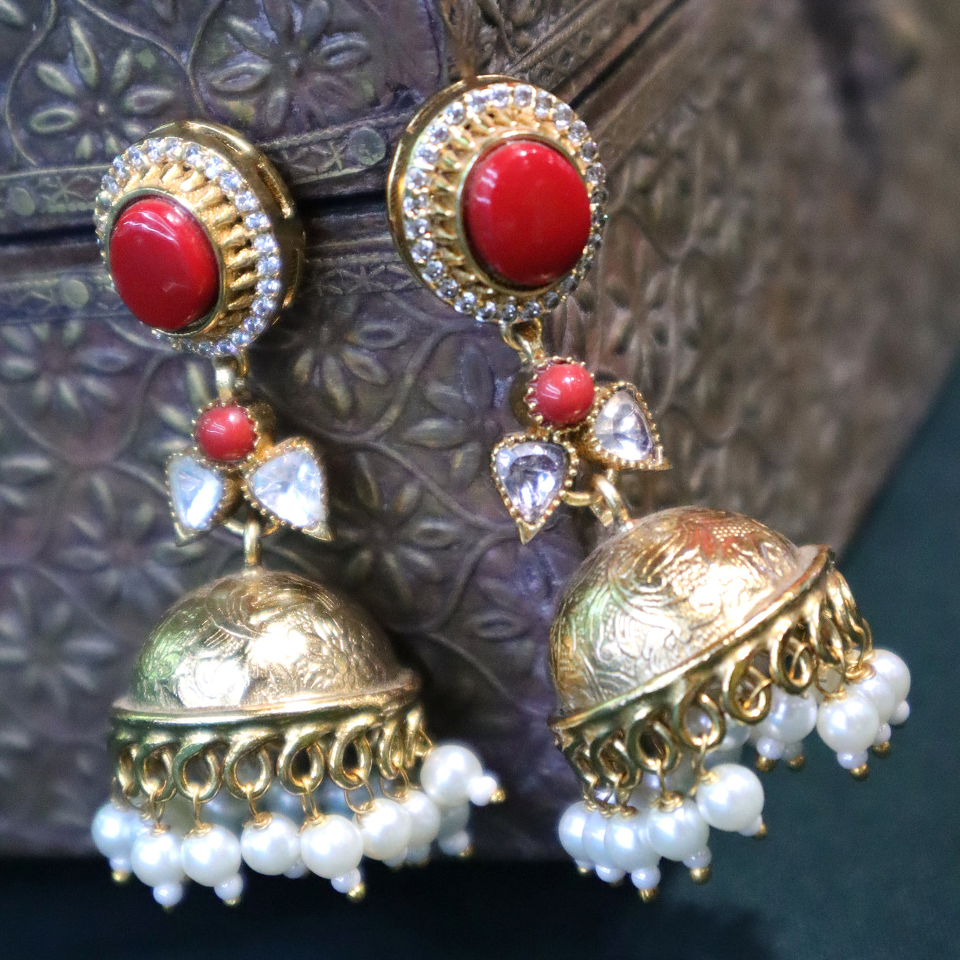 Coral and CZ Studded Jhumka Earrings - SIA444175