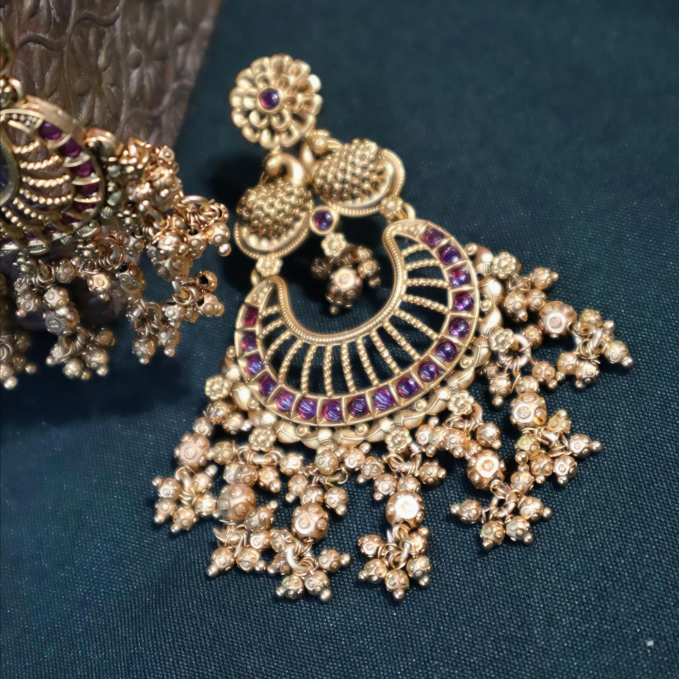Antique Gold Chandbali Jhumka Earrings - SIA447409