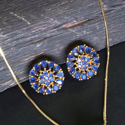 Gold-Toned Floral Pendant Set with Dark Blue Stones - SIA453080