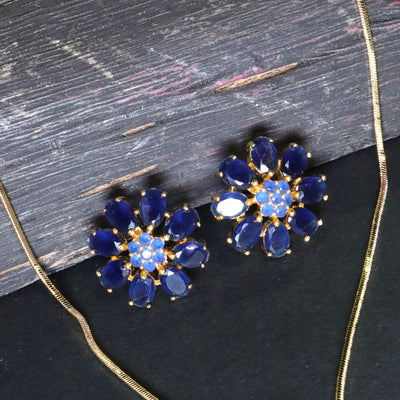 Gold-Toned Floral Pendant Set with Dark Blue Stones - SIA453095