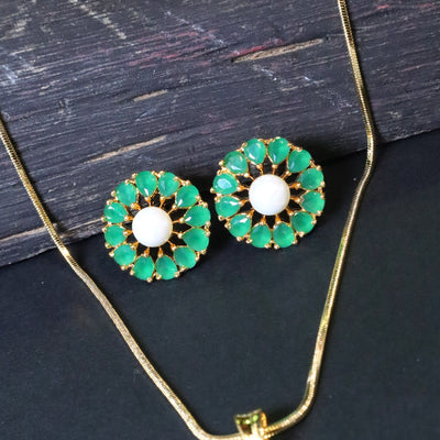 Gold-Toned Floral Pendant Set with Green Stones & Pearl - SIA453098
