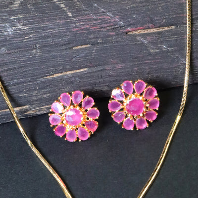 Gold-Toned Floral Pendant Set with Pink Stones - SIA453100