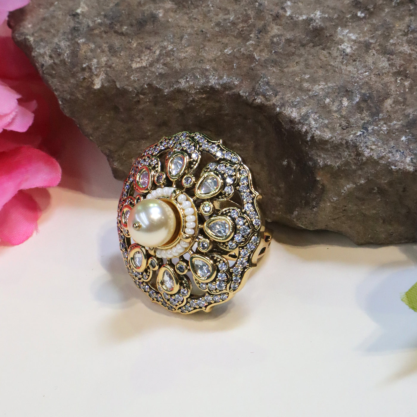 Gold-Toned Kundan and Polki-Style Pearl Ring - SIA452608