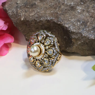 Gold-Toned Kundan and Polki-Style Pearl Ring - SIA452608