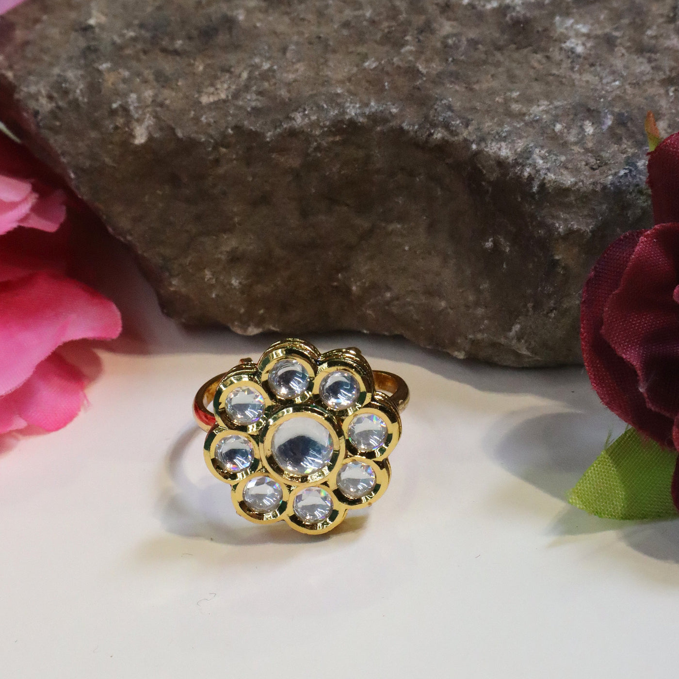 Gold-Plated Kundan Floral Ring - SIA443766