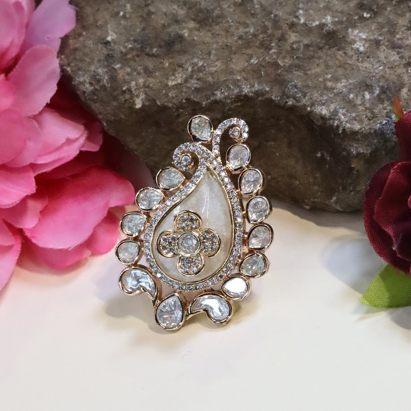Gold-Plated  Kundan Polki Ring - SIA436356