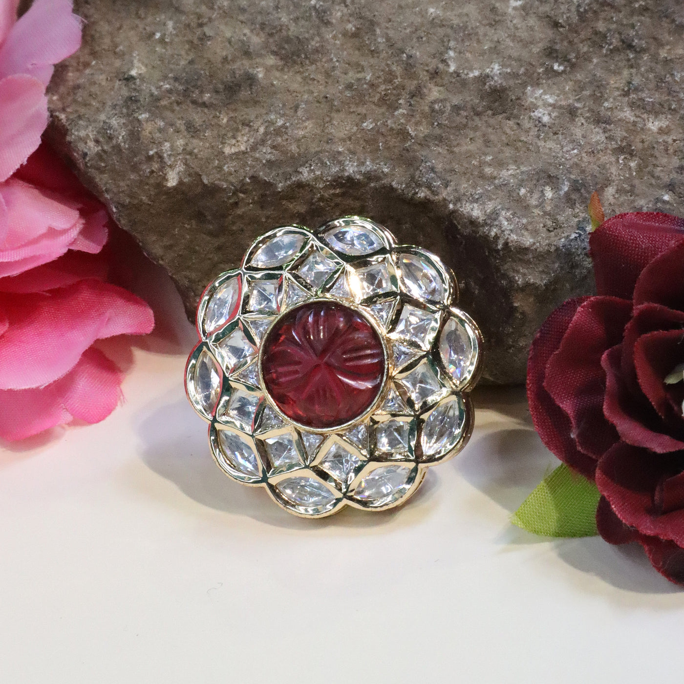 Gold-Plated Flower Kundan Polki Ring - SIA432307
