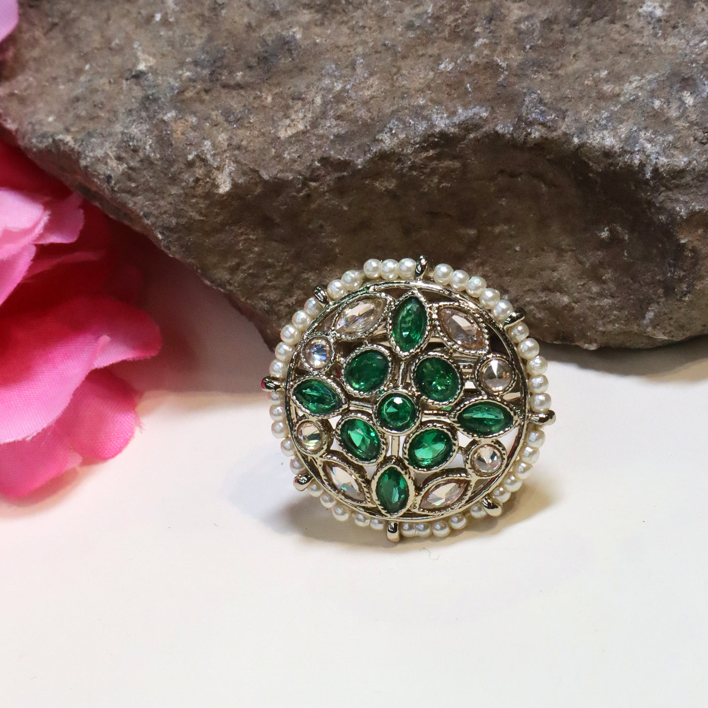 Oval Kundan Ring with Emerald-Green and Beads Detailing - SIA432497