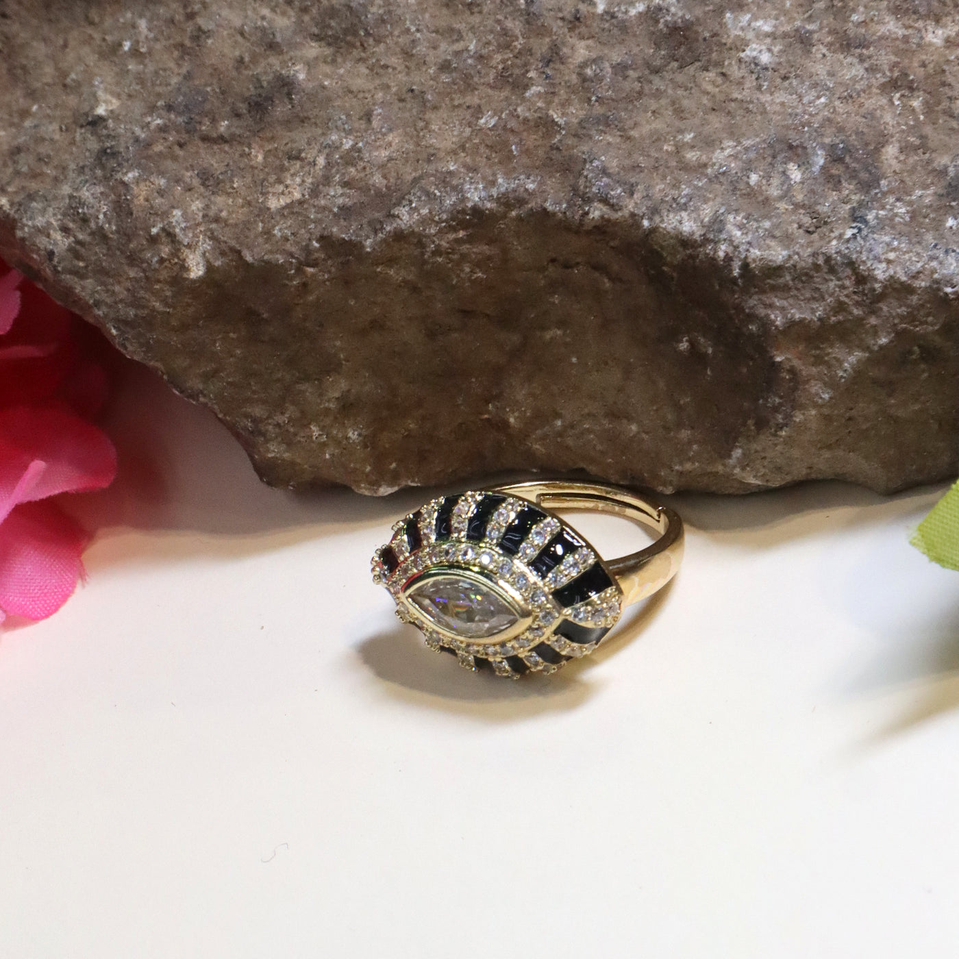 Bold Black and Gold Evil Eye Statement Ring - SIA439380