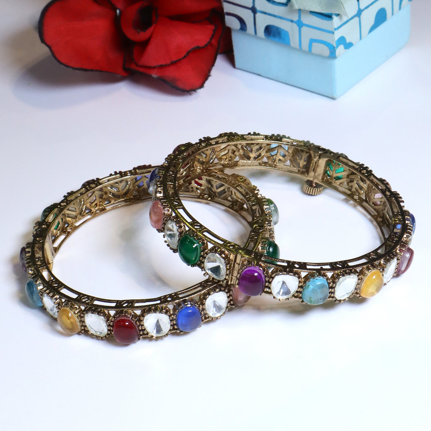 Gold Kundan Bangles with Multicolor Stones - SIA453670