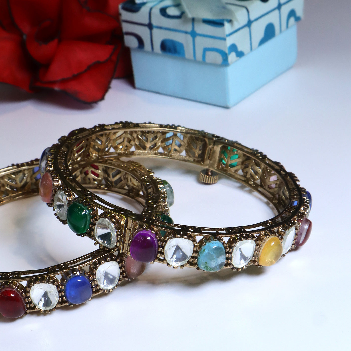 Gold Kundan Bangles with Multicolor Stones - SIA453670