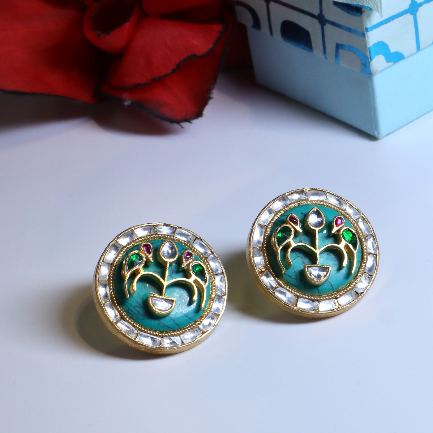 Turquoise Round Kundan Floral Stud Earrings - SIA453751