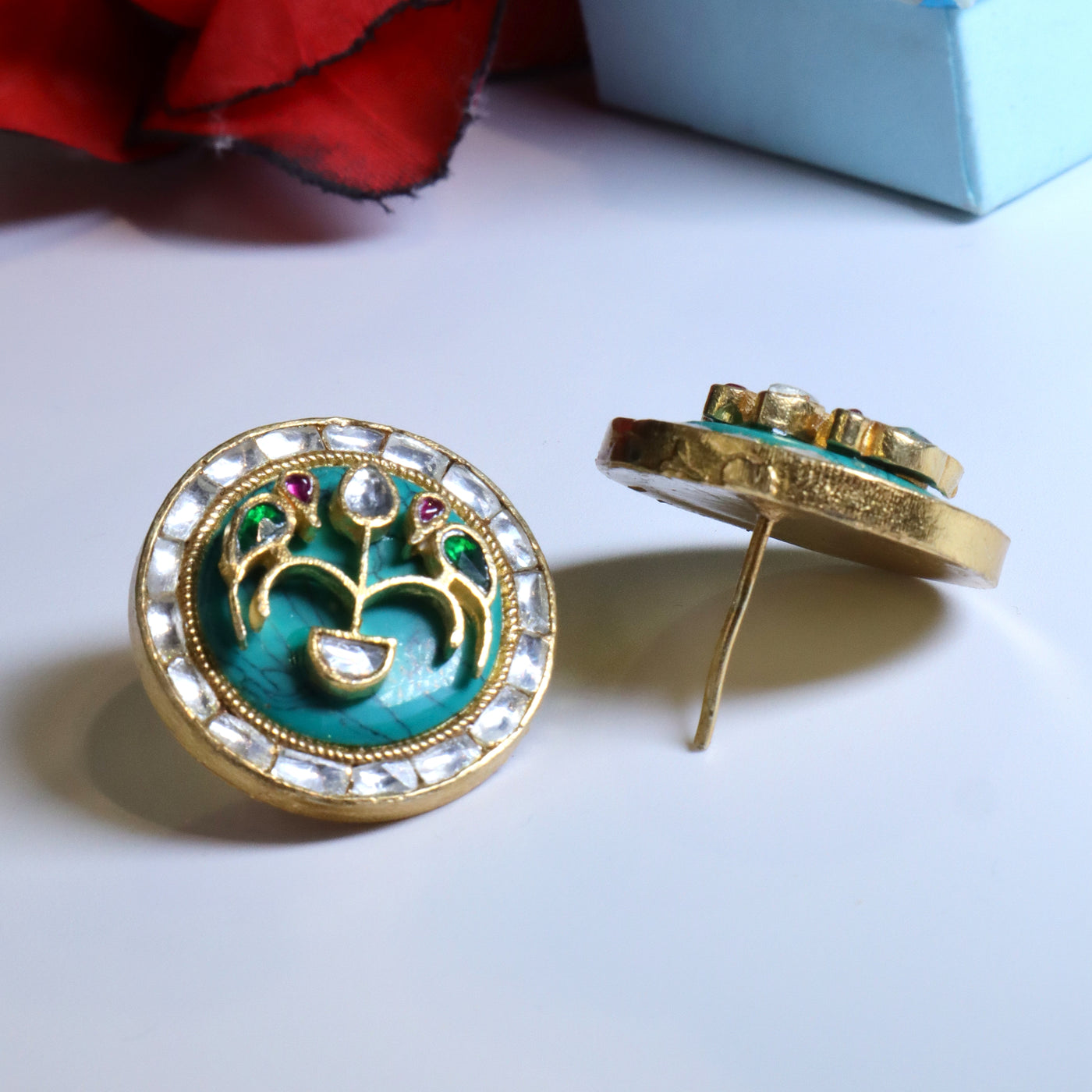 Turquoise Round Kundan Floral Stud Earrings - SIA453751