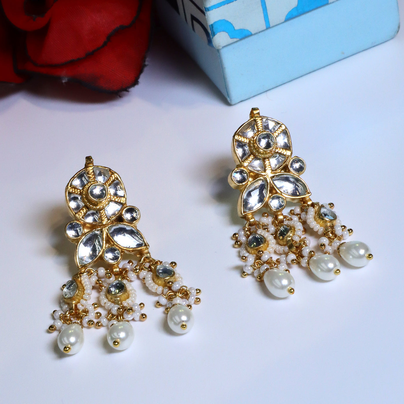 Polki Kundan and Pearl Dangler Earrings  - SIA453752