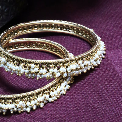 Elegant Gold-Tone Bangle Bracelets with Mini Pearl Drops - SIA454284