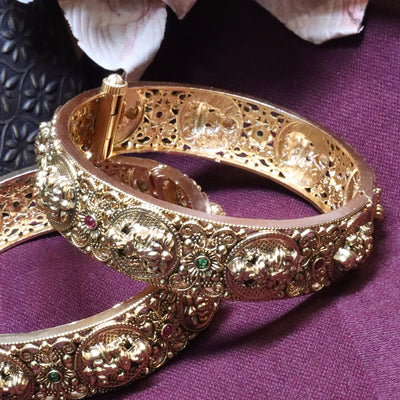 Gold-Plated Temple Bangle Kada with Goddess Lakshmi and Elephant Motifs - SIA454278