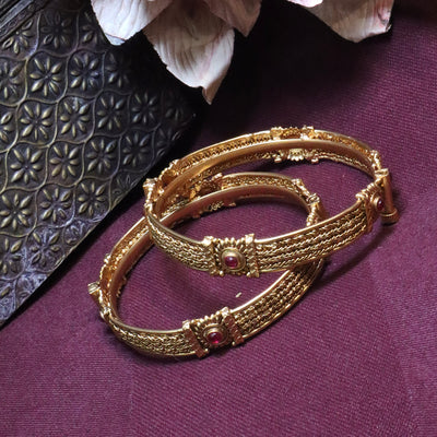 Traditional Gold Filigree Bangle Kada with Woven Texture and Ruby Accent - SIA454257