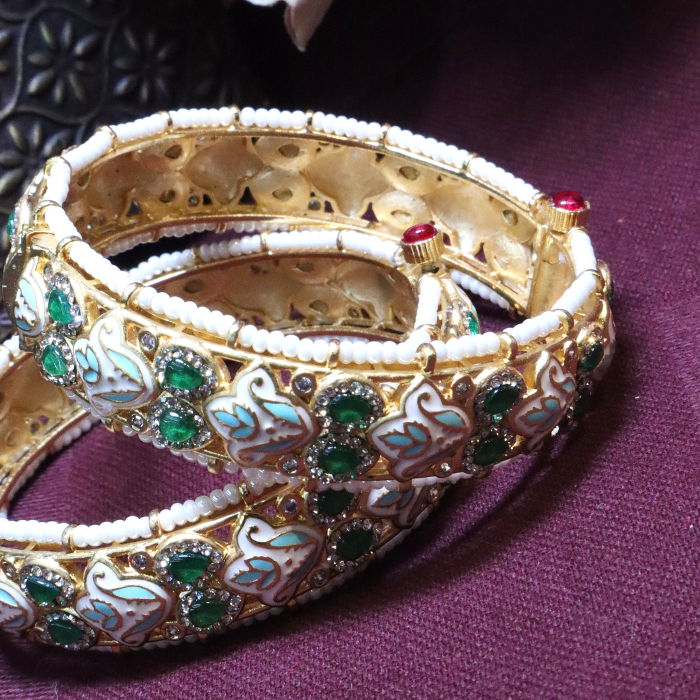 Swan Motif Enamel Kada with Green Stones and Pearl Border - SIA454258