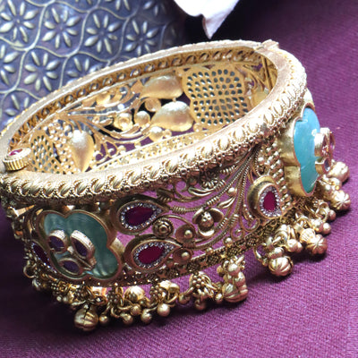 Ethnic Matte Gold Filigree Kada with Teal Minakari & Ghungroo Detailing - SIA454226