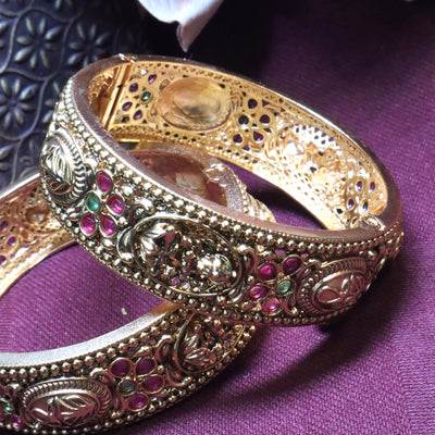 Temple Jewelry Style Matte Gold Kada Set with Ruby-Emerald Stones - SIA454227