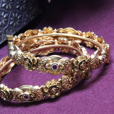 Gold-Toned Rose Design Bangles with Red Stone Accents - SIA454243