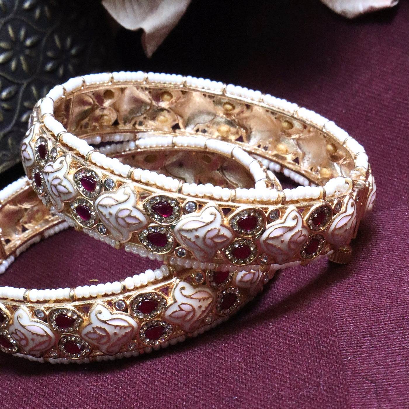 Antique White Minakari Kada Set with Ruby Stones - SIA454233