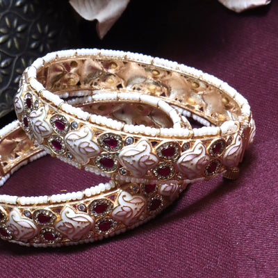 Antique White Minakari Kada Set with Ruby Stones - SIA454233