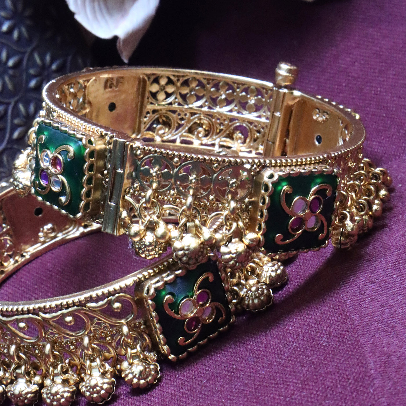 Red and White Enamel Bangle with Polki/Kundan Style Stones - SIA454265