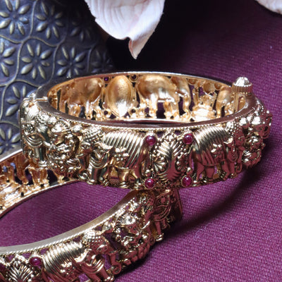 Antique Gold Plated Temple Kada/Bangle with Intricate Elephant and Peacock Motifs - SIA454279