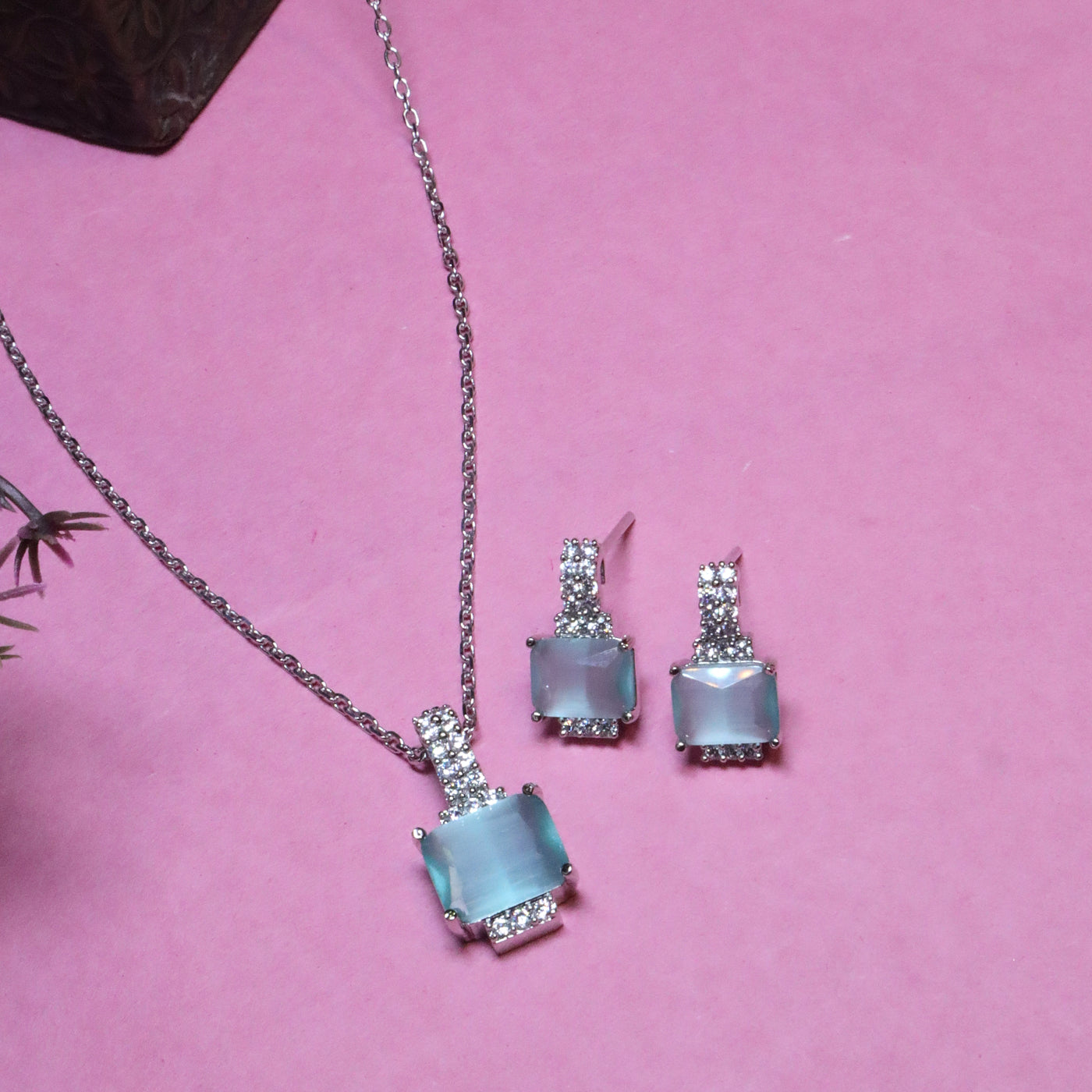 Rhodium Plated Blue Rectangular CZ Set - SIA455680