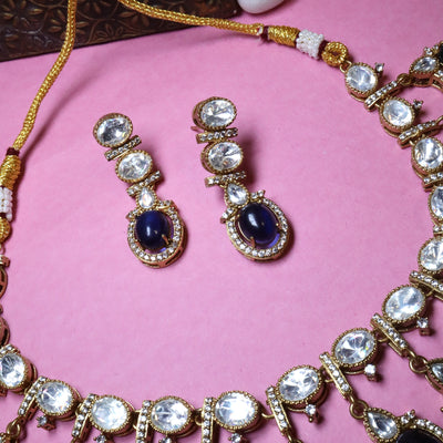 Deep Sapphire Blue Cabochon and White Kundan Necklace and Earring Set - SIA45519
