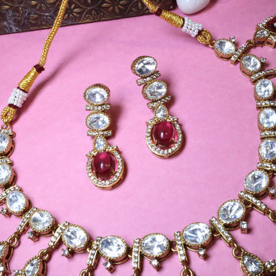 Ruby Red Cabochon and Kundan Stone Statement Necklace Set - SIA455517