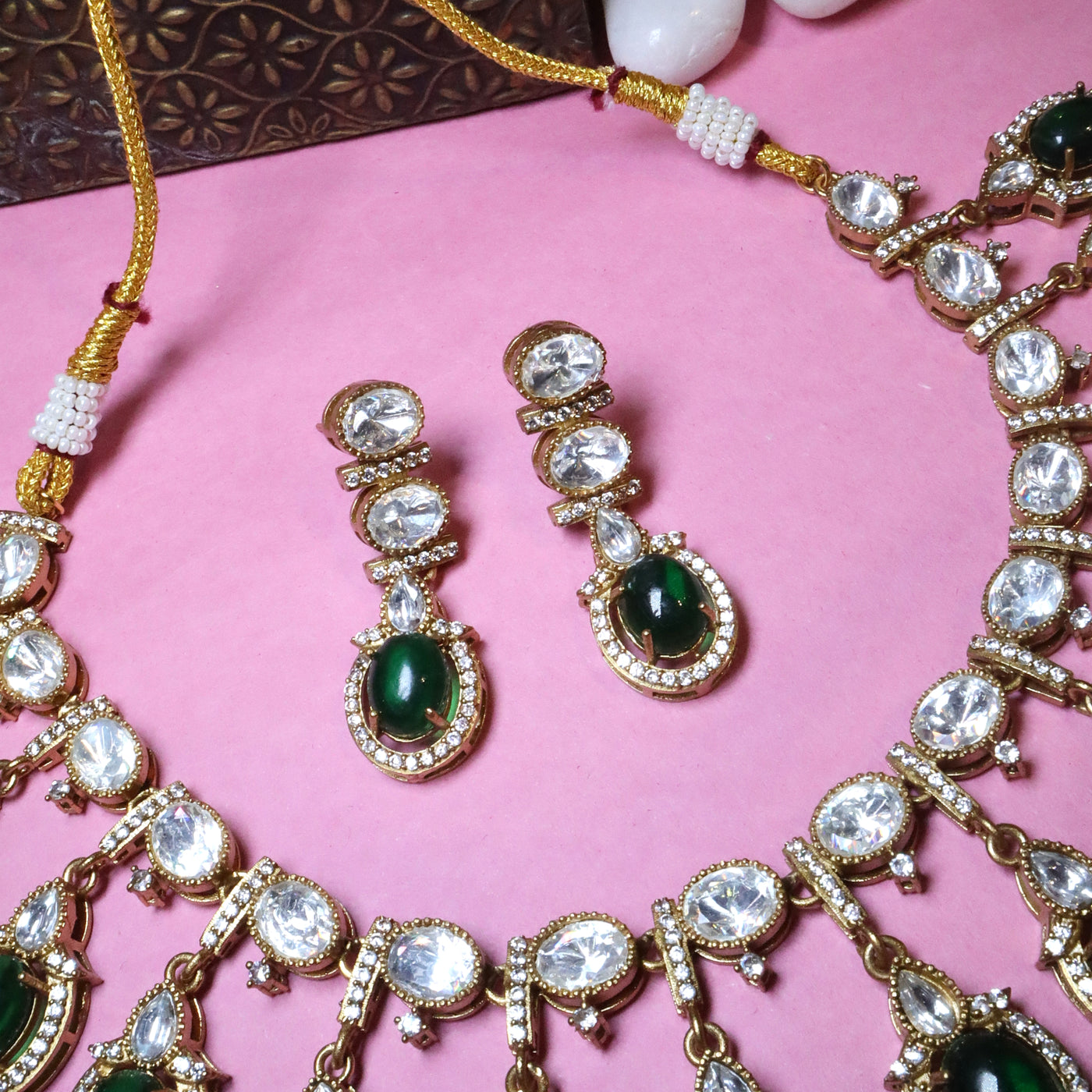 Stunning Kundan and Emerald-Green Stone Drop Necklace Set - SIA455515