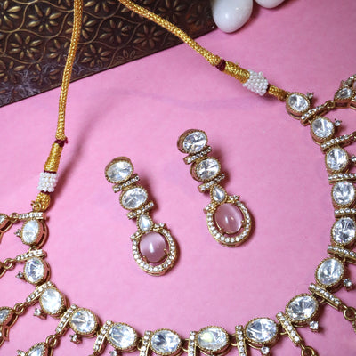 Elegant Mauve Cat's Eye Stone and Kundan-Style Necklace Set with Matching Earrings - SIA455516