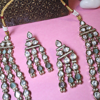 Triple-Layered Polki and Stone Necklace Set with Dangler Earrings - SIA456065
