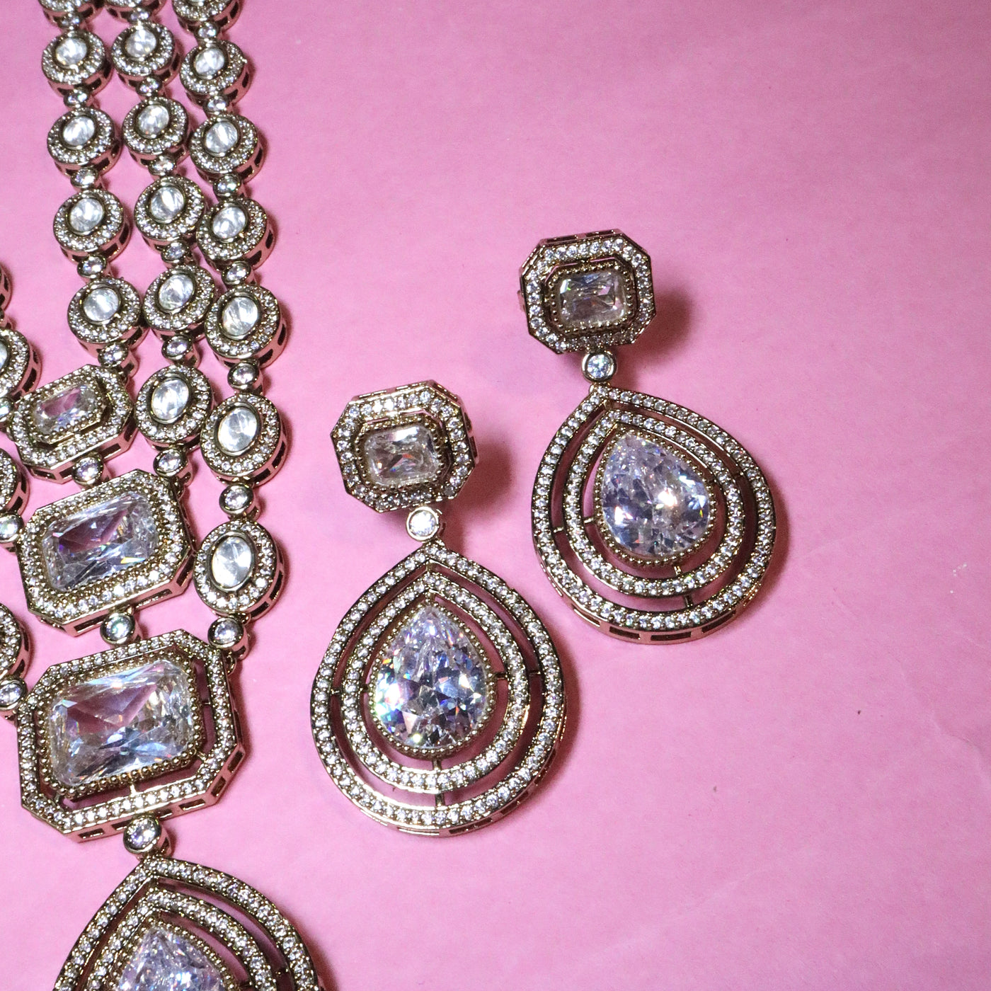 Elaborate Double-Layered Polki/Kundan Style Necklace with Teardrop Dangler Earrings - SIA456067