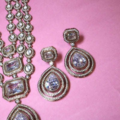 Elaborate Double-Layered Polki/Kundan Style Necklace with Teardrop Dangler Earrings - SIA456067