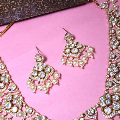 Intricate Polki and Pearl Choker Necklace Set with Drop Earrings - SIA456068