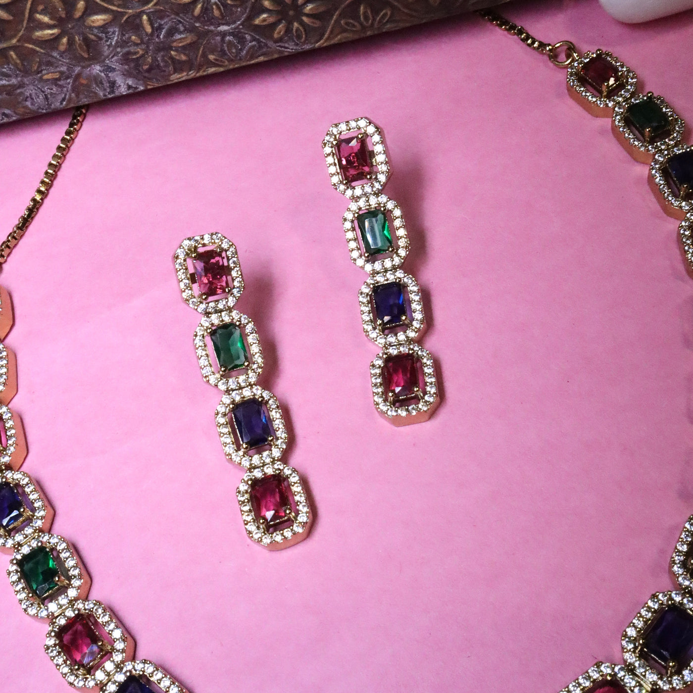 Multi-Colored Navratna-Style Geometric Link Necklace Set - SIA456138