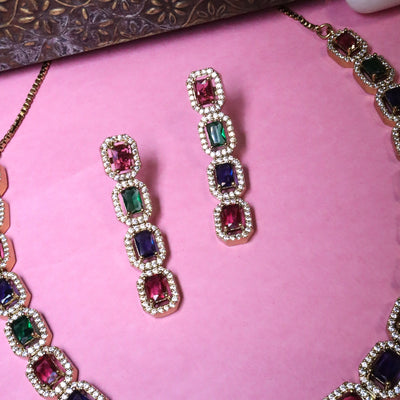 Multi-Colored Navratna-Style Geometric Link Necklace Set - SIA456138