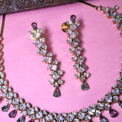 White and Multi-Shade Teardrop Stone Choker Necklace Set - SIA456141