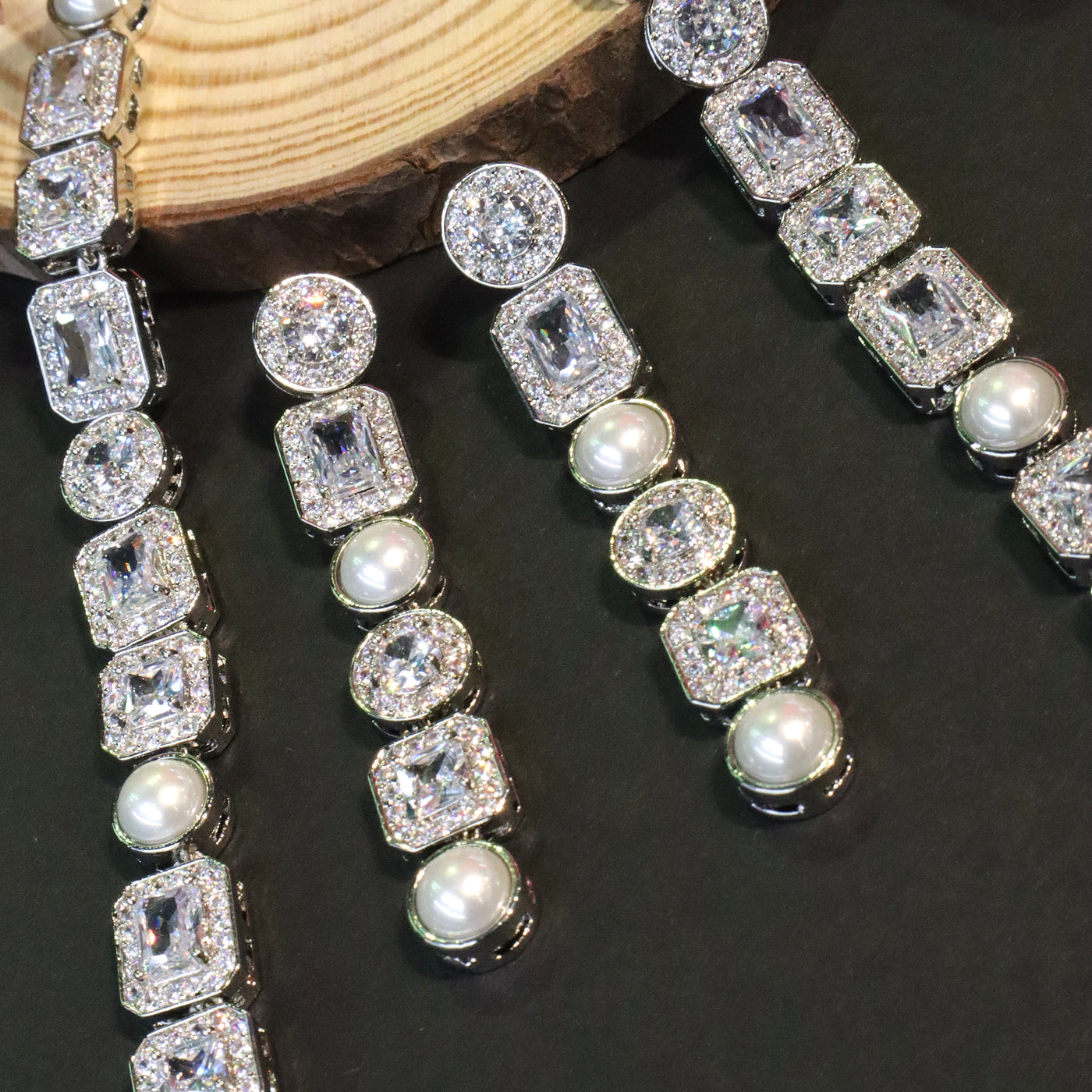 Luxurious White Cubic Zirconia and Pearl Long Necklace Set. - SIA456096