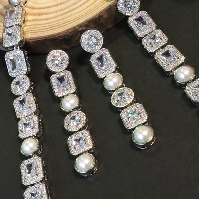 Luxurious White Cubic Zirconia and Pearl Long Necklace Set. - SIA456096