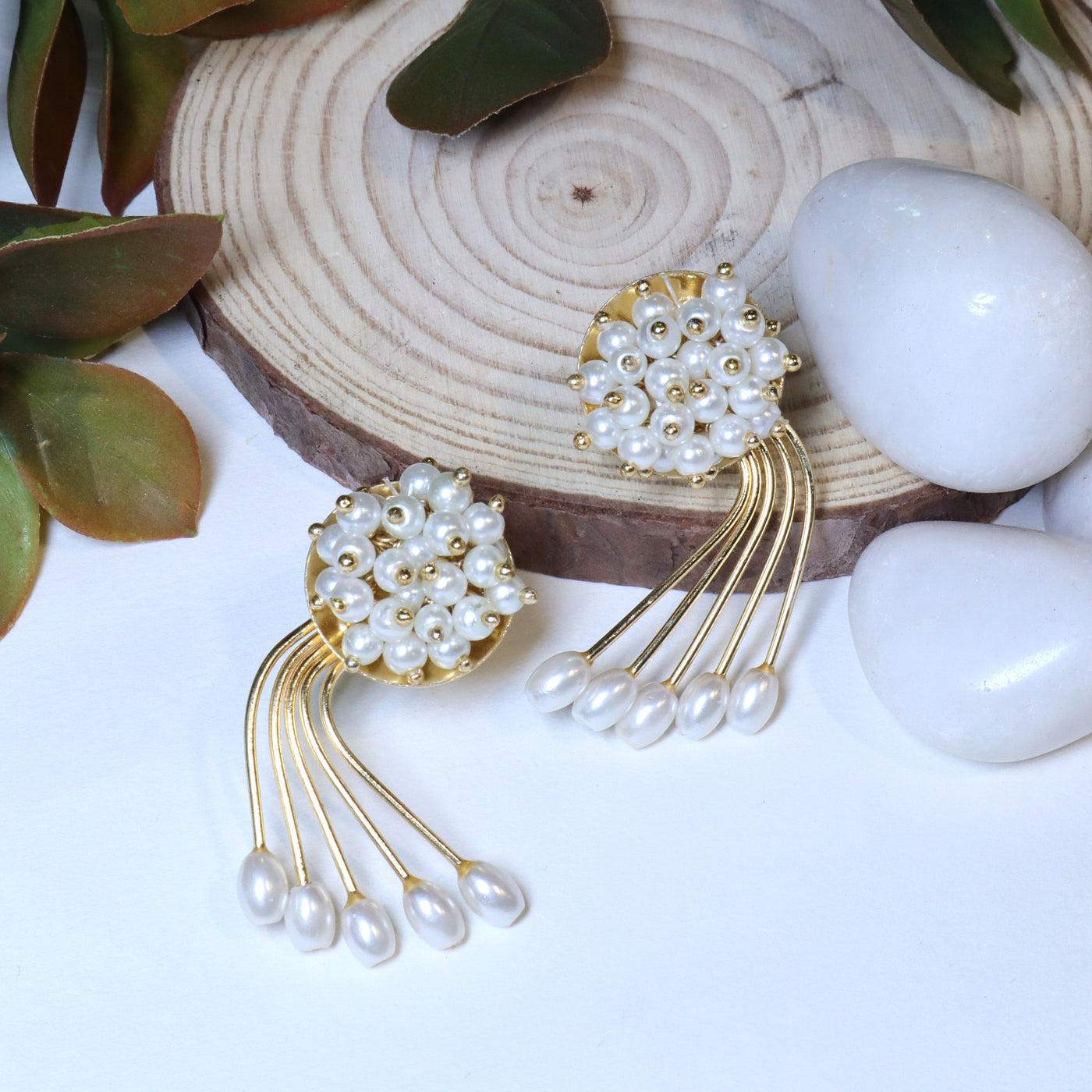 Elegant Cluster and Tassel Pearl Stud Earrings - SIA456203