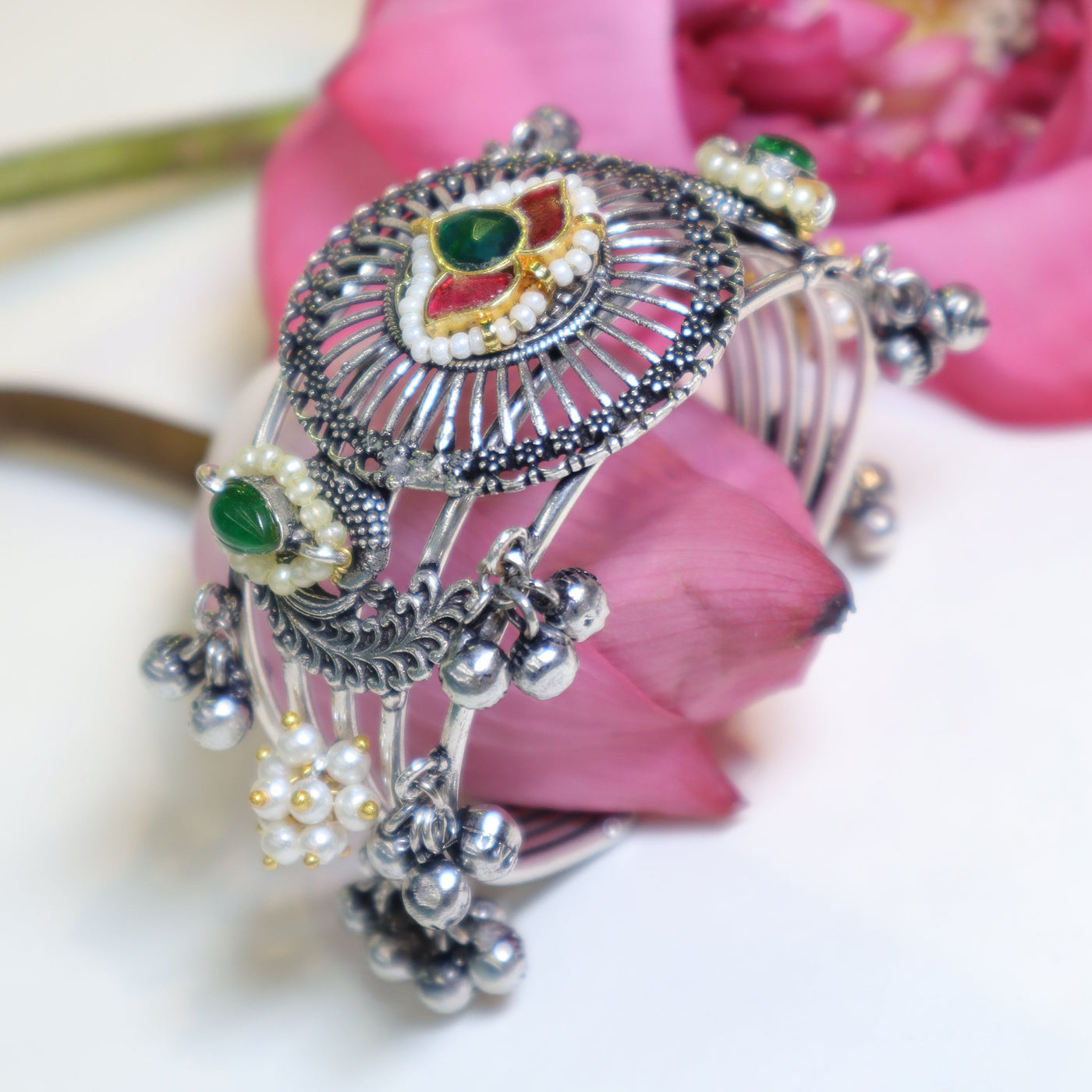Silver & Ruby & Green Floral Kada Bracelet with Pearl and Stone Work - SIA452143
