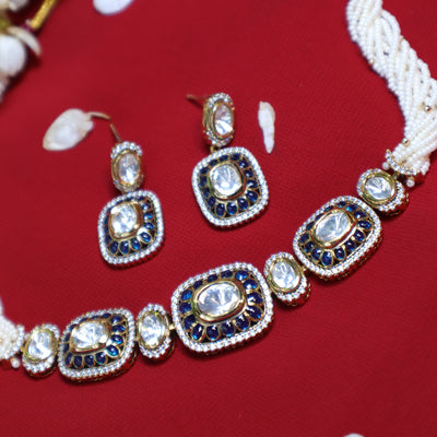 Kundan Polki Choker Set with Blue Enamel & Pearls - SIA452431