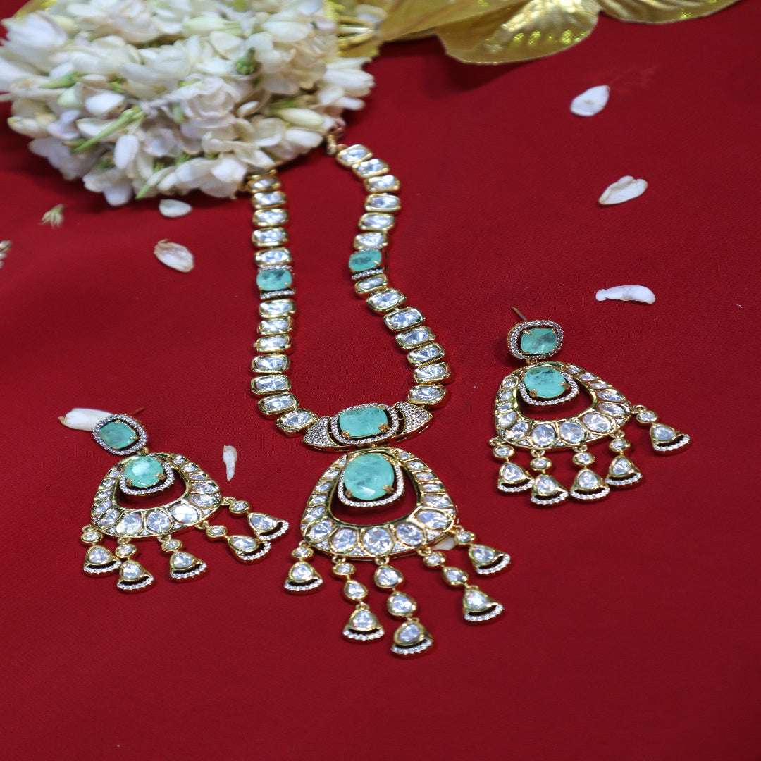 Aqua blue Gold Kundan Polki Chandbali Necklace Set - SIA452435