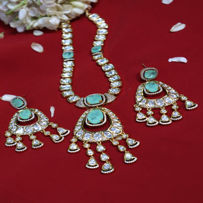 Aqua blue Gold Kundan Polki Chandbali Necklace Set - SIA452435