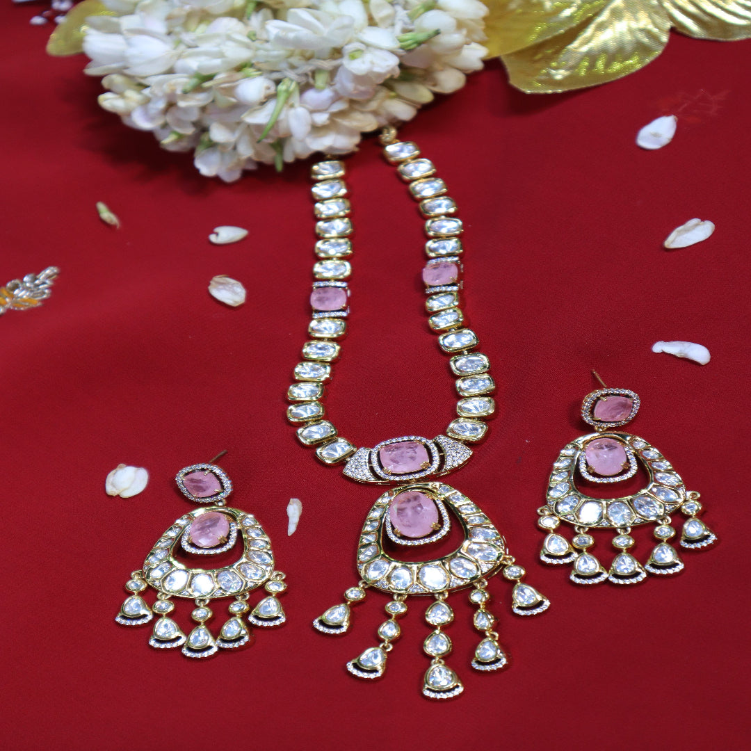 Pink Kundan Polki Necklace Set with Oval & Teardrop Earrings - SIA452434