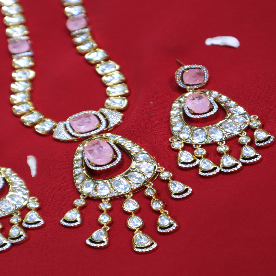 Pink Kundan Polki Necklace Set with Oval & Teardrop Earrings - SIA452434
